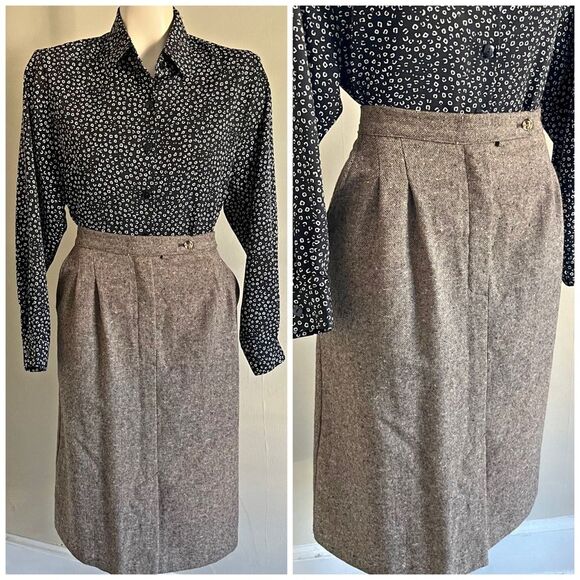 Vintage 70s Wool Tweed Skirt Brown Size M High Waist Midi Fall Academia - Picture 1 of 11